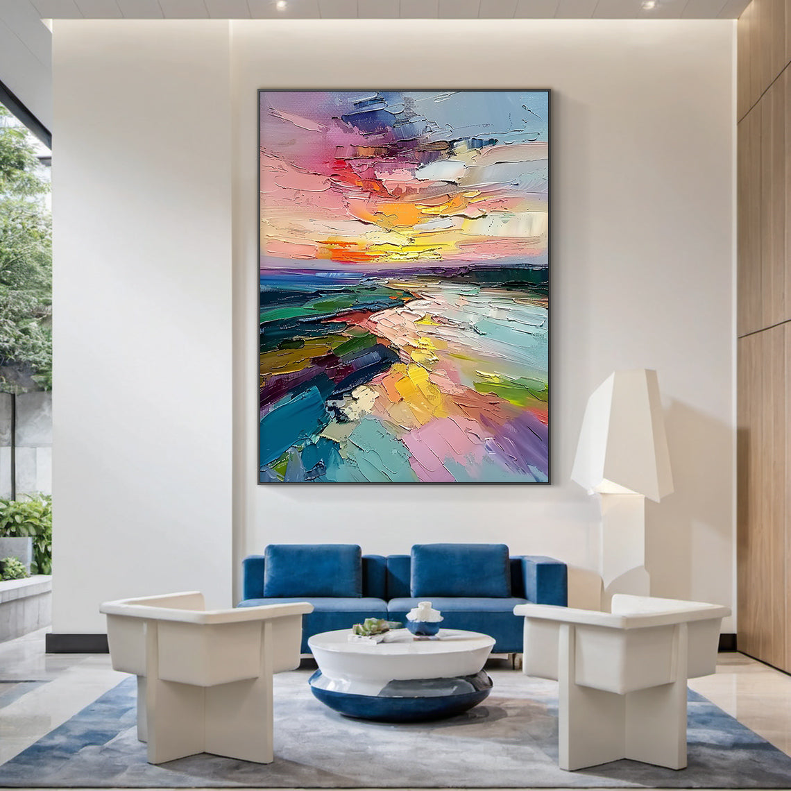 Textured impasto palette knife abstract coastal sunset landscape canvas wall art, semi-impressionist decorative artwork presenting warm golden hour coastal waterfront scenery: layered gradient sky infused with tangerine, honey yellow, soft blush pink, lavender and baby blue tones, deep plum colored distant shoreline, mossy teal coastal shore plants, pale azure calm open water, shimmering warm golden sun reflection path rippling gently across the water surface, thick three-dimensional raised paint strokes br