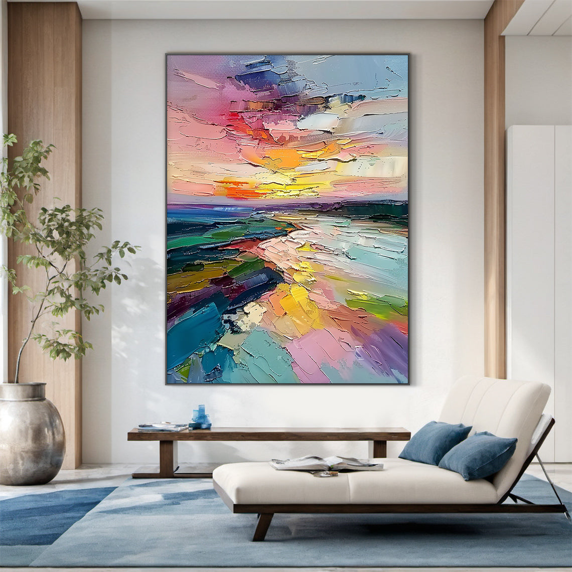 Colorful impasto knife stroke abstract coastal sunset landscape canvas wall art, semi-impressionist artwork portraying golden hour waterfront scenery: vibrant gradient sky with tangerine, golden yellow, blush pink, lilac and pale blue hues, dark purple distant shoreline, teal green shore vegetation, light blue open water, warm light path from the sun reflected on water, thick raised paint strokes create tactile textured visual effect, ideal for modern home interior decoration.
