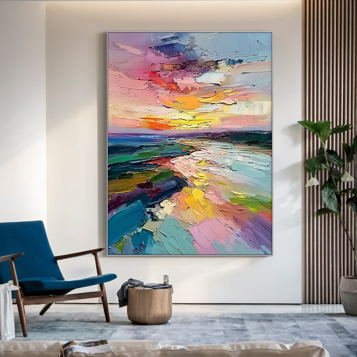 Textured impasto palette knife abstract coastal sunset landscape canvas wall art, semi-impressionist decorative artwork capturing warm golden hour waterfront views: rich gradient sky dotted with tangerine, honey yellow, soft blush pink, lavender and baby blue tones, deep plum distant shoreline, mossy teal coastal shore vegetation, pale azure open water, shimmering warm golden sun reflection path rippling across the water surface, thick three-dimensional raised paint strokes deliver a unique tactile textured