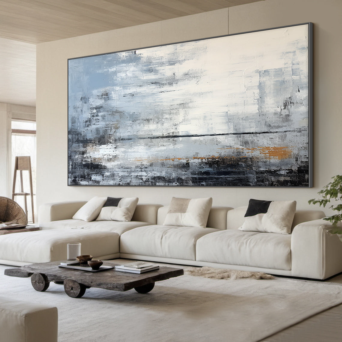 Modern abstract blue geometric wall art with textured brushwork: shades of gray-blue, cobalt, white, gray, black, and subtle warm orange accents. Features abstract blocks and thick impasto texture. Displayed above a beige fabric bed in a Nordic-style bedroom—perfect focal point for minimalist, Nordic, or modern home decor. Ready-to-hang with a sleek black aluminum frame and premium waterproof canvas.
