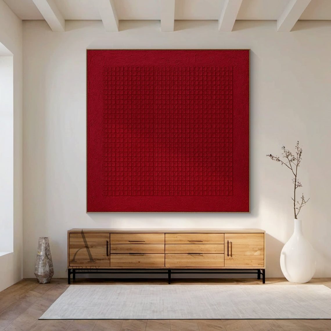 Deep red minimalist abstract geometric wall art, canvas-textured artwork with rough tactile textured surface close to pressed art paper or woven canvas, comes with a neat uniform micro square grid pattern centered in a large square border, with soft tonal contrast between the grid section and deep red base, General Abstract style red wall decor AURA405, perfect for Japandi dining nook, minimalist home office, modern apartment accent wall decoration.