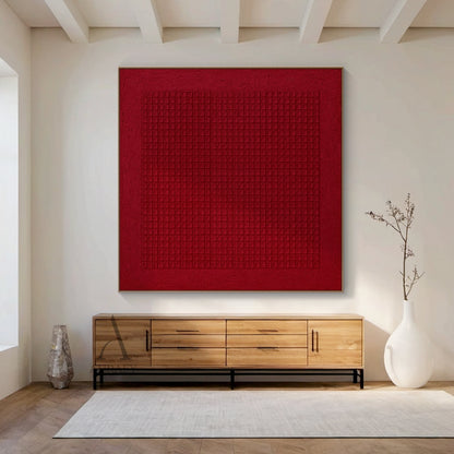 Deep red minimalist abstract geometric wall art, canvas-textured artwork with rough tactile textured surface close to pressed art paper or woven canvas, comes with a neat uniform micro square grid pattern centered in a large square border, with soft tonal contrast between the grid section and deep red base, General Abstract style red wall decor AURA405, perfect for Japandi dining nook, minimalist home office, modern apartment accent wall decoration.