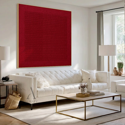 Deep red minimalist abstract geometric wall art, canvas-textured artwork with rough tactile textured surface close to pressed art paper or woven canvas, comes with a neat uniform micro square grid pattern centered in a large square border, with soft tonal contrast between the grid section and deep red base, General Abstract style red wall decor AURA405, perfect for wabi-sabi living room feature wall, minimalist bedroom headboard decoration, Nordic entryway accent wall adornment.
