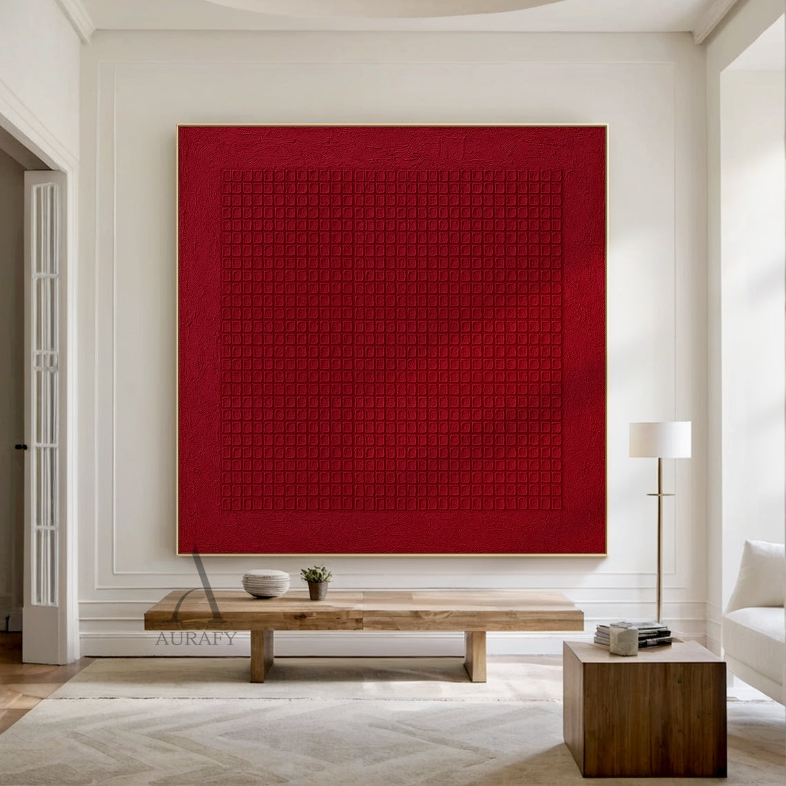 Deep red minimalist abstract geometric wall art, canvas-textured artwork with rough tactile textured surface similar to pressed paper or art canvas, features a neat regular small square grid pattern centered in a large square frame, with subtle tonal difference between the grid area and deep red background, General Abstract style red wall decor AURA405, ideal for Japandi living room, minimalist bedroom, modern entryway decoration.