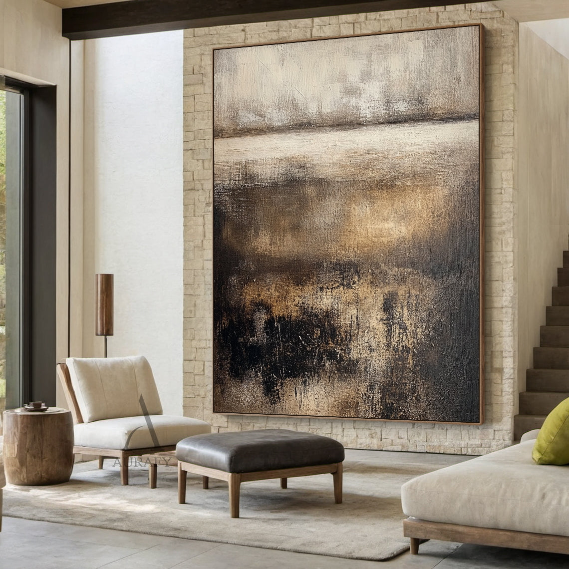Horizontal earthy brown abstract textured painting SKU AURA617 in cozy japandi living room styling scene: the wabi-sabi minimalist organic artwork is mounted on warm off-white limewash textured wall above a low-profile linen-upholstered modular sofa, matched with a small woven rattan side table placed next to the sofa and a rough terracotta vase with dried eucalyptus arrangement on the tabletop, the painting's layered structure is clearly presented under soft warm afternoon sidelight -- upper hazy section b