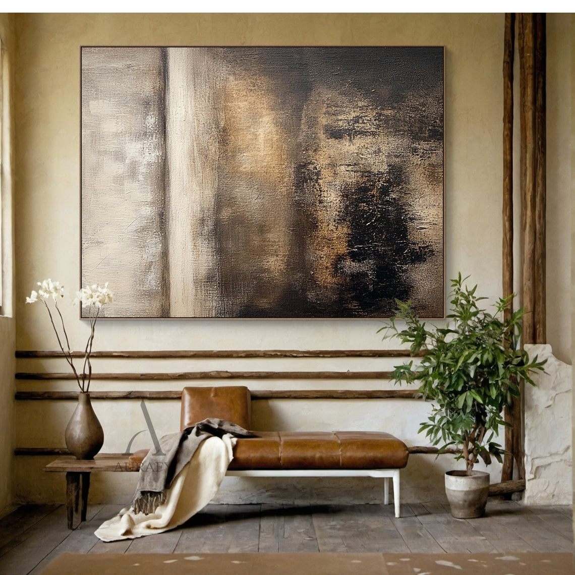 Horizontal earthy brown abstract textured painting SKU AURA617 in real japandi home styling scene: the wabi-sabi minimalist organic artwork is mounted on light beige textured wall above a low solid wood sideboard, matched with woven rattan ornament and dried reed arrangement placed on the cabinet top, the painting's layered structure is clearly presented under soft diffused natural light -- upper hazy section blending light off-white and pale beige, lower part with overlapping rich dark brown, charcoal blac