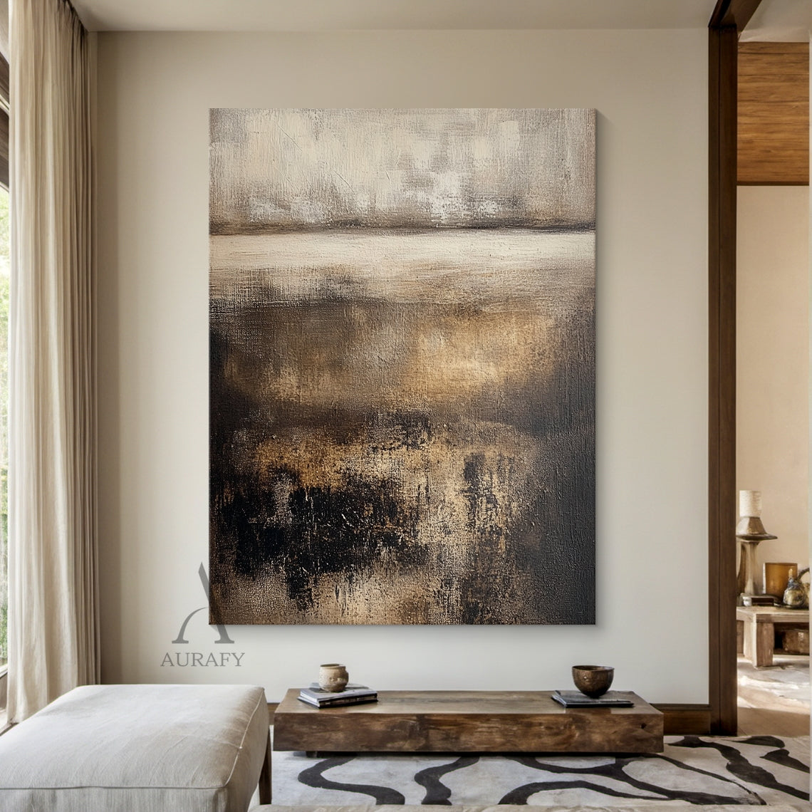 Horizontal earthy brown abstract textured painting, features layered horizontal composition: top hazy section blends light off-white and pale beige with soft blurred brush textures, a faint abstract horizon line transitions upper and lower areas, lower part has overlapping rich dark brown, charcoal black and warm tan color blocks with visible palette knife and brush stroke traces, rough impasto tactile surface, no figurative elements, wabi-sabi minimalist organic style for japandi home decor, SKU AURA617