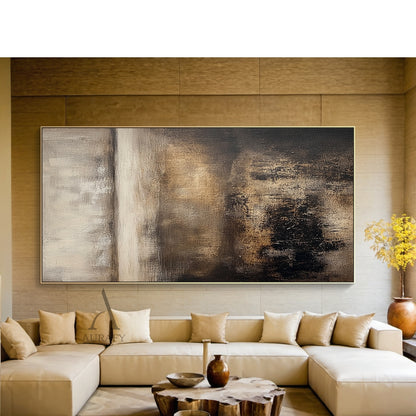 Horizontal earthy brown abstract textured painting, features layered horizontal composition: top hazy section blends light off-white and pale beige with soft blurred brush textures, a faint abstract horizon line transitions upper and lower areas, lower part has overlapping rich dark brown, charcoal black and warm tan color blocks with visible palette knife and brush stroke traces, rough impasto tactile surface, no figurative elements, wabi-sabi minimalist organic style for japandi home decor, SKU AURA617