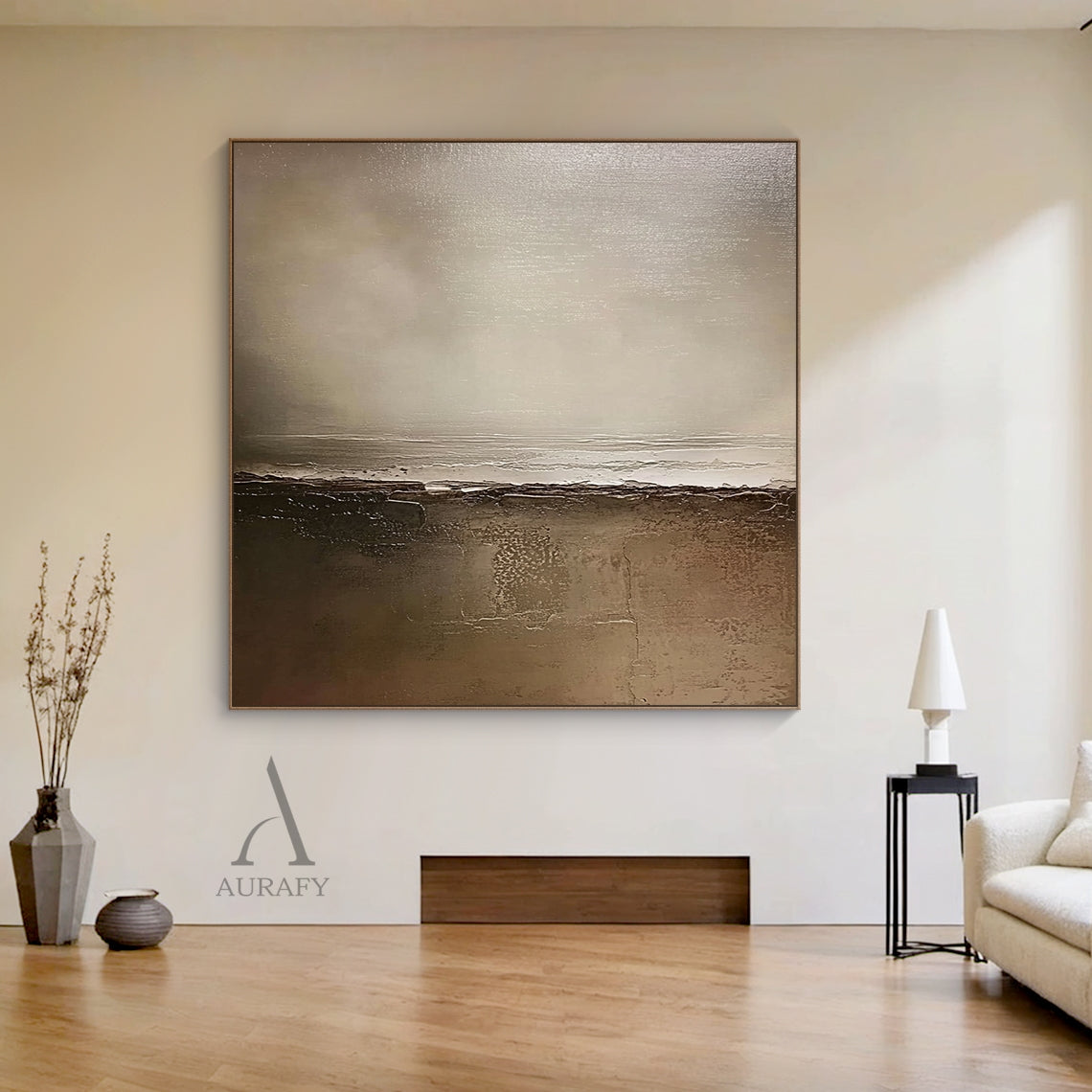 AURA649 General Abstract Brown Artwork, modern organic sculpted canvas piece with tactile impasto surface. Non-representational abstract art with monochromatic earthy brown palette ranging from deep chocolate, warm taupe, soft beige to muted gray-brown, features 3D sculpted impasto layers with subtle cracked details, soft tonal transitions create diffused light effect and depth, perfect for Japandi, minimalist, wabi-sabi residential wall decor.
