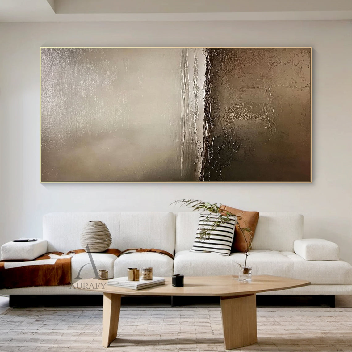 AURA649 General Abstract Brown Artwork, modern organic sculpted canvas piece with tactile impasto surface. Non-representational abstract art with monochromatic earthy brown palette ranging from deep chocolate, warm taupe, soft beige to muted gray-brown, features 3D sculpted impasto layers with subtle cracked details, soft tonal transitions create diffused light effect and depth, perfect for Japandi, minimalist, wabi-sabi residential wall decor.