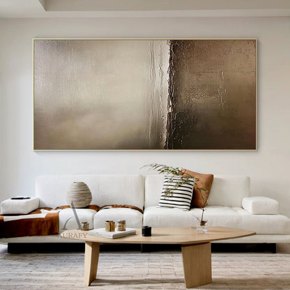 AURA649 General Abstract Brown Artwork, modern organic sculpted canvas piece with tactile impasto surface. Non-representational abstract art with monochromatic earthy brown palette ranging from deep chocolate, warm taupe, soft beige to muted gray-brown, features 3D sculpted impasto layers with subtle cracked details, soft tonal transitions create diffused light effect and depth, perfect for Japandi, minimalist, wabi-sabi residential wall decor.