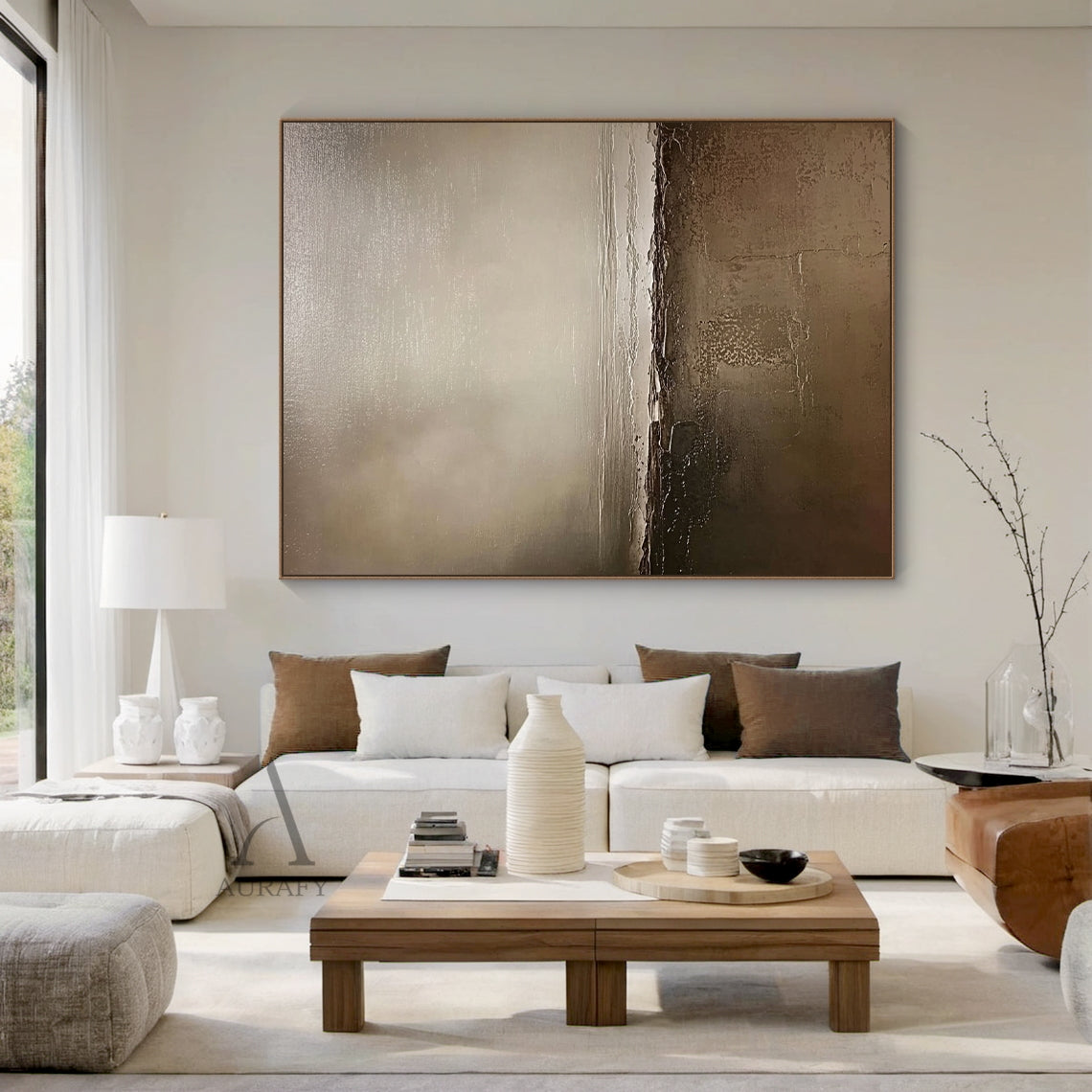 AURA649 General Abstract Brown Artwork, real residential scene display of the modern organic sculpted canvas wall piece mounted on interior wall. Non-representational abstract art with monochromatic earthy brown palette ranging from deep chocolate, warm taupe, soft beige to muted gray-brown, features 3D sculpted impasto layers with subtle cracked details, soft tonal transitions create diffused light effect and depth, perfectly integrates with Japandi, minimalist, wabi-sabi home decoration styles, adding a w
