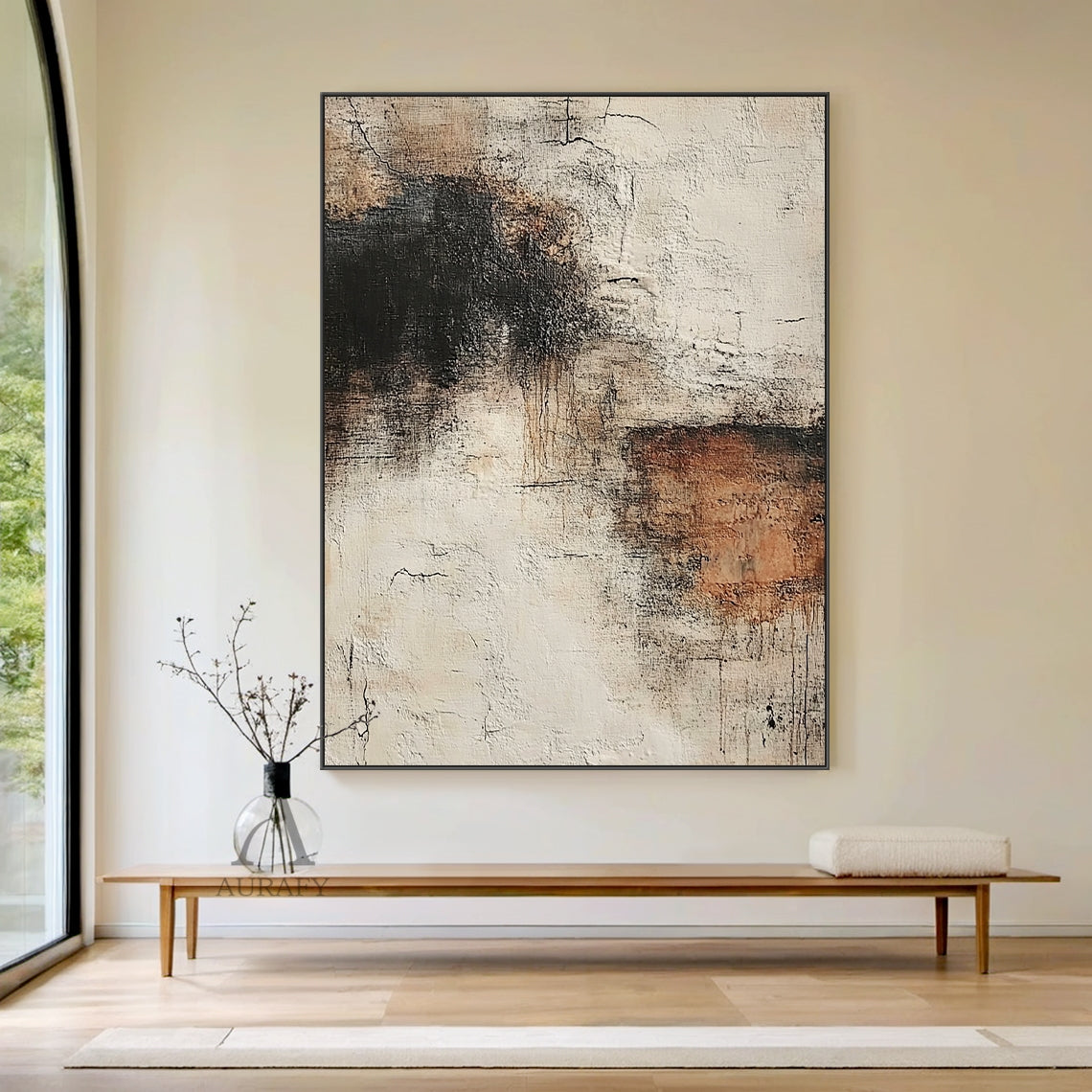 Abstract textured wall art in soft beige and earthy warm brown tones, heavy impasto plaster finish with distinct crackle textures, hand-scratched lines, uneven rough brush strokes and dark brown to black gradient detailing, wabi-sabi inspired abstract wall decor piece, ideal for neutral home styling, Japandi dining areas, minimalist bedroom and contemporary quiet luxury interior spaces.