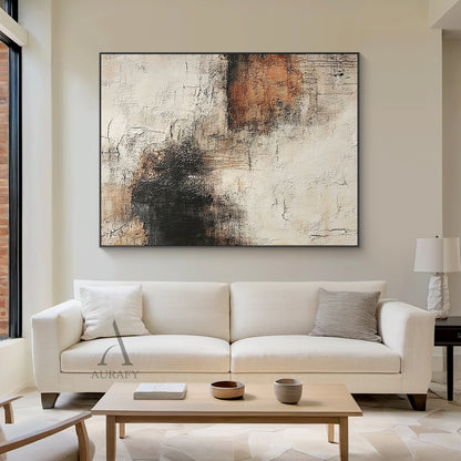 Abstract textured wall art in soft beige and earthy warm brown tones, heavy impasto plaster finish with distinct crackle textures, hand-scratched lines, uneven rough brush strokes and dark brown to black gradient detailing, wabi-sabi inspired abstract wall decor piece, ideal for neutral home styling, Japandi dining areas, minimalist bedroom and contemporary quiet luxury interior spaces.