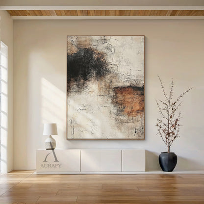 Abstract textured wall art in muted beige and warm brown earth tones, thick impasto plaster surface with visible crackle details, scratch lines, rough brush strokes and dark brown/black gradient accents, wabi-sabi inspired general abstract artwork for neutral home decor, Japandi living room and minimalist interior spaces.
