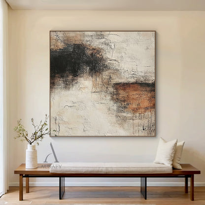 Abstract textured wall art in muted beige and warm brown earth tones, thick impasto plaster surface with visible crackle details, scratch lines, rough brush strokes and dark brown/black gradient accents, wabi-sabi inspired general abstract artwork for neutral home decor, Japandi living room and minimalist interior spaces.