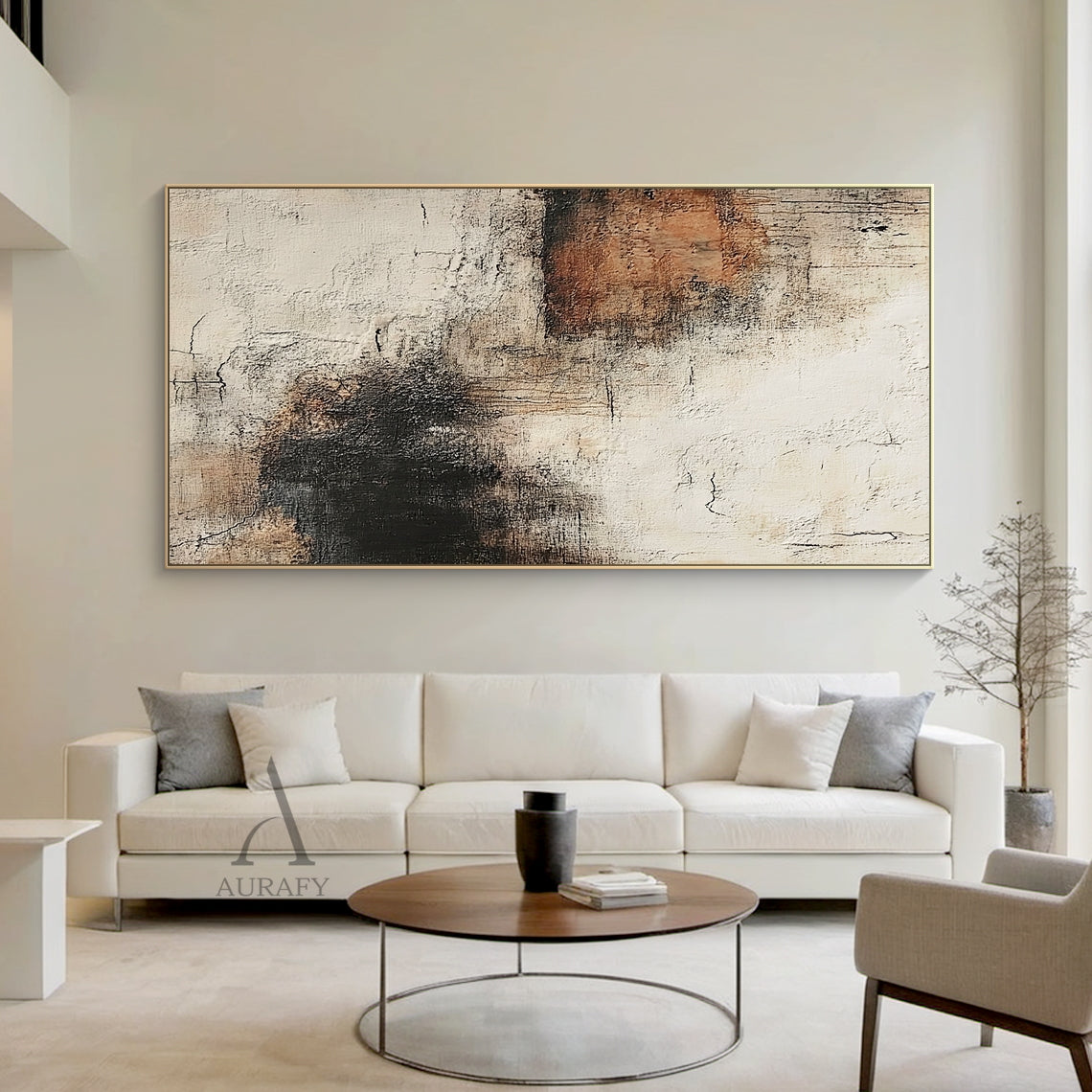 Abstract textured wall art in muted beige and warm brown earth tones, thick impasto plaster surface with visible crackle details, scratch lines, rough brush strokes and dark brown/black gradient accents, wabi-sabi inspired general abstract artwork for neutral home decor, Japandi living room and minimalist interior spaces.