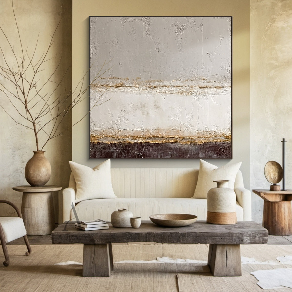 General Abstract Beige Gray Impasto Texture Wall Art (AURA599) - Horizontal layered abstract piece with soft beige, cool gray, and deep brown base. Tactile 3D impasto surface featuring thick, expressive layers, cracked finishes, and organic horizontal bands. Ideal for Japandi living room focal point, minimalist bedroom decor, or above sleek console table. Complements natural wood accents and linen textiles, enhancing serene, grounded spaces.