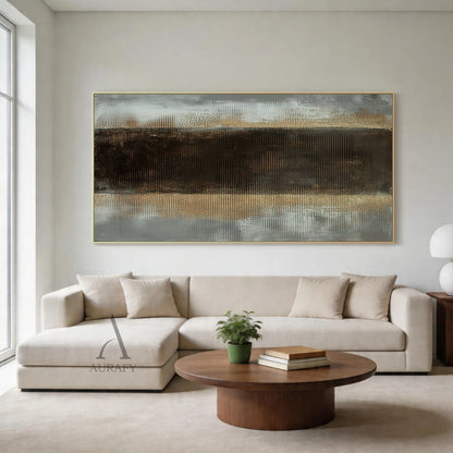 AURA409 General Abstract Wall Art | Black Gray with Warm Metallic Undertones | 3D Tactile Surface | Layered Impasto | Vertical Rhythmic Strokes | Minimalist Wabi-sabi Style | Ideal for Modern Living Room, Japandi Bedroom, or Console Table Focal Point