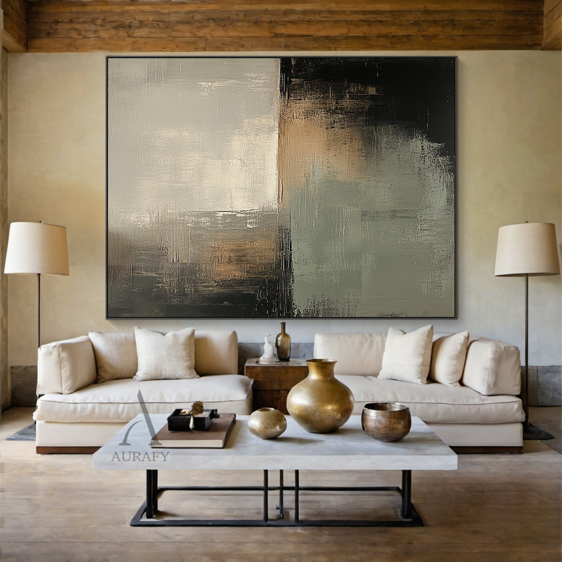 General Abstract Black Green artwork AURA405 from AurafyArt, minimalist abstract wall art real installation scene display, with deep black blocks, soft muted gray-green areas, warm brown transitional tones and light off-white zones, featuring bold knife stroke texture, horizontal scratch impasto layers, blurry color boundaries, balanced block composition, no figurative elements, modern luxe tactile abstract painting, realistic decor effect reference for Japandi, minimalist interior space matching.