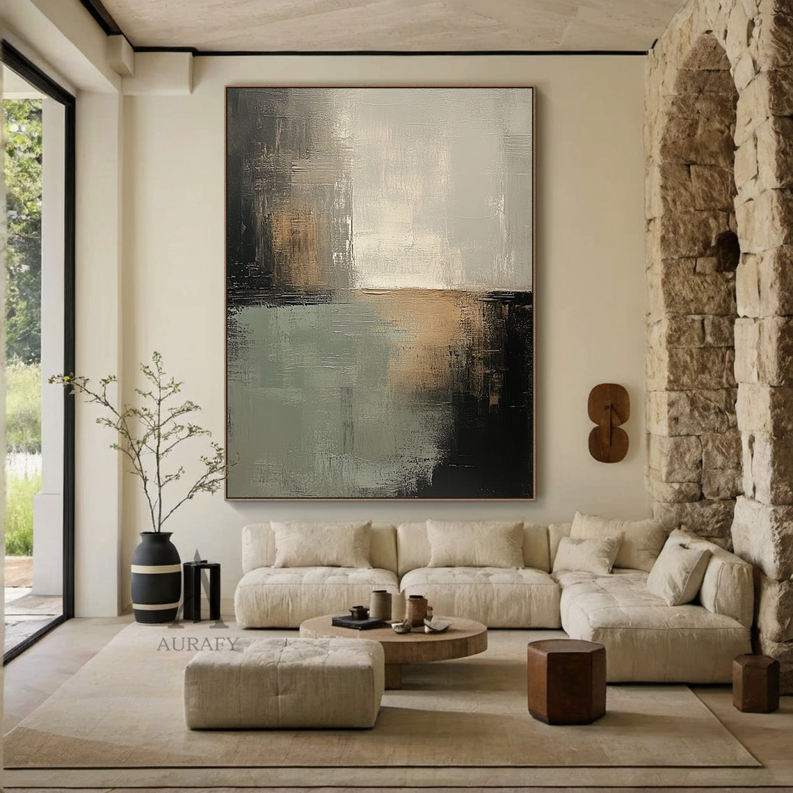 General Abstract Black Green artwork AURA405 from AurafyArt, minimalist abstract wall art with deep black blocks, soft muted gray-green areas, warm brown transitional tones and light off-white zones, featuring bold knife stroke texture, horizontal scratch impasto layers, blurry color boundaries, balanced block composition, no figurative elements, modern luxe tactile abstract painting for Japandi, minimalist interior decor
