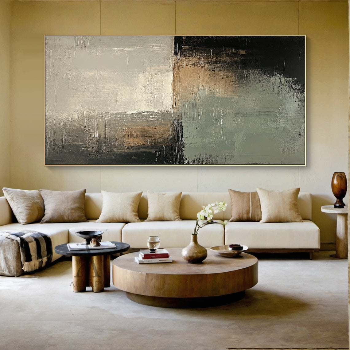 General Abstract Black Green artwork AURA405 from AurafyArt, minimalist abstract wall art with deep black blocks, soft muted gray-green areas, warm brown transitional tones and light off-white zones, featuring bold knife stroke texture, horizontal scratch impasto layers, blurry color boundaries, balanced block composition, no figurative elements, modern luxe tactile abstract painting for Japandi, minimalist interior decor