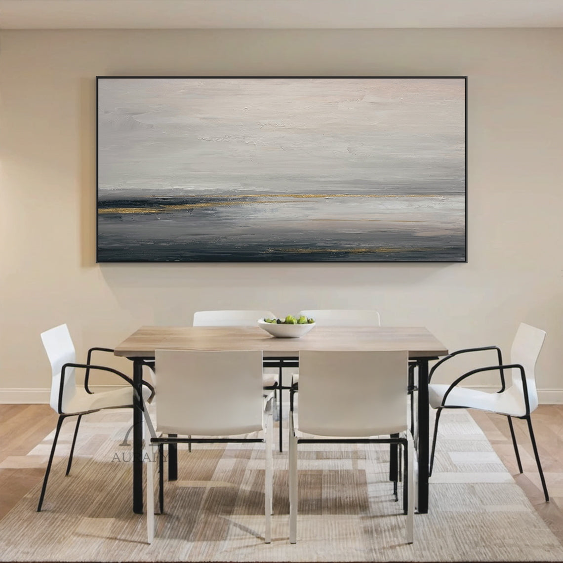 General Abstract gray beige canvas wall art (AURA626), features layered muted gray shades (light, medium, dark) as base with soft beige transition zones, accented with subtle shimmering golden streaks and patches. Tactile textured brush strokes build abstract layers: loose, hazy upper light gray and beige areas evoke misty cloud or fog imagery, thick deep gray lower layers mimic dark water or ground, golden elements simulate natural light reflection. Calm minimalist luxe abstract artwork for modern interior