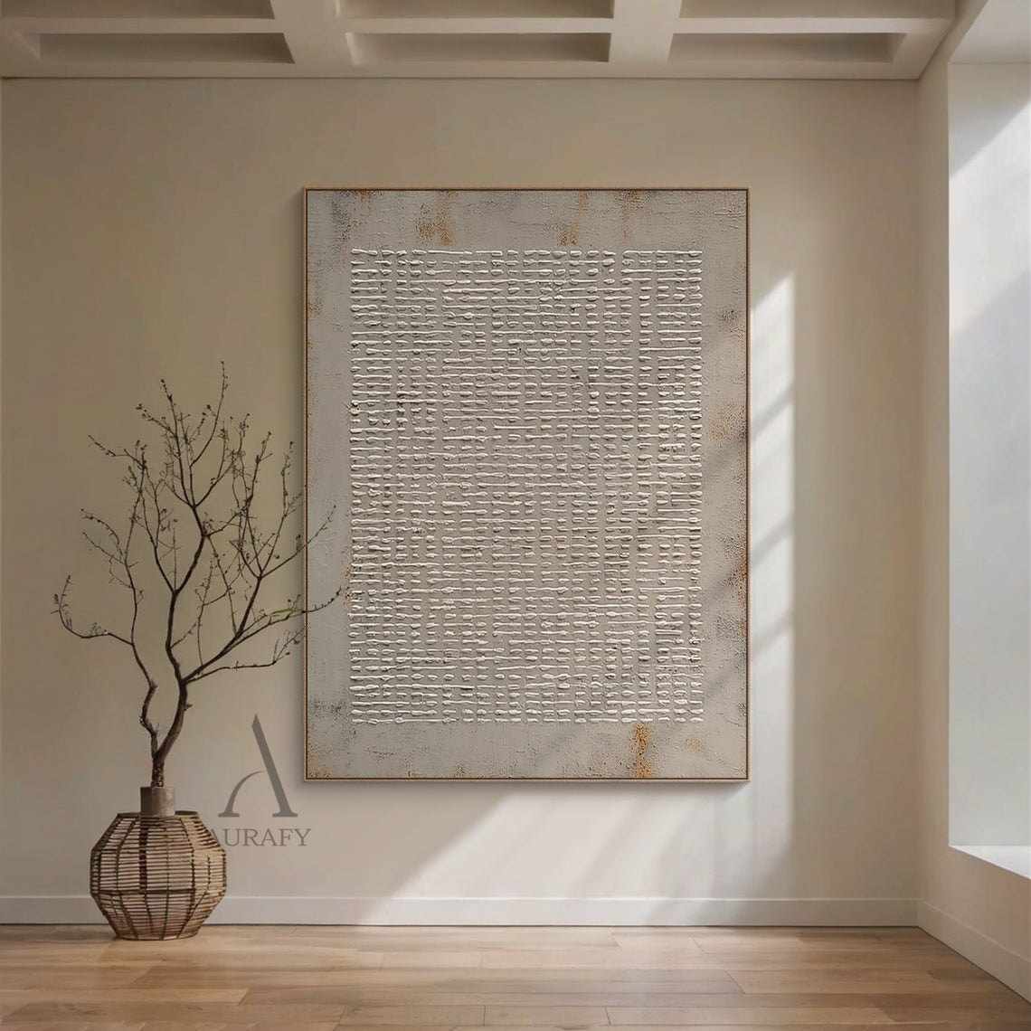 General abstract gray high-relief impasto grid wall art, handcrafted raised off-white irregular woven-style grid strokes on muted textured gray background, with subtle rust brown weathered accents at edges. Textural minimalist industrial wabi-sabi artwork suitable for Japandi, neutral modern home and office decor, product code AURA405.