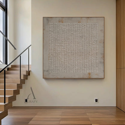 Styled interior scene shot of abstract gray high-relief impasto grid wall art AURA405, handcrafted raised off-white irregular woven-style grid strokes on muted textured gray background with subtle rust brown weathered accents at edges. This textural minimalist industrial wabi-sabi artwork is presented mounted on a soft neutral wall, suitable for Japandi, neutral modern home and office space decor.