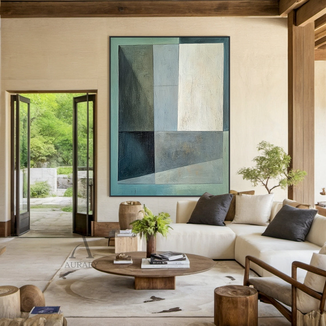 Geometric abstract hand-painted oil painting with distinct tactile brushstroke texture, composed of irregular rectangular and asymmetrical color blocks in layered light green, dark green, warm beige, muted gray-blue, dark gray and light gray. Blocks are separated by clear straight and slanted lines, features a low-saturation earthy color palette and well-balanced visual layout, conveys a minimalist calm aesthetic, this display shot shows it hung above the off-white fabric sofa of a Japandi living room as ba