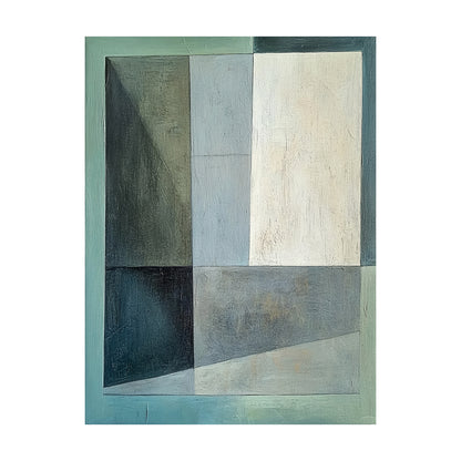 Geometric abstract hand-painted oil painting with distinct tactile brushstroke texture, composed of irregular rectangular and asymmetrical color blocks in layered light green, dark green, warm beige, muted gray-blue, dark gray and light gray. Blocks are separated by clear straight and slanted lines, features a low-saturation earthy color palette and well-balanced visual layout, conveys a minimalist calm aesthetic, this display shot shows it hung above the off-white fabric sofa of a Japandi living room as ba
