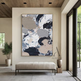General Abstract Wall Art with Tactile Impasto Texture White Black Beige Modern Organic Design AURA478