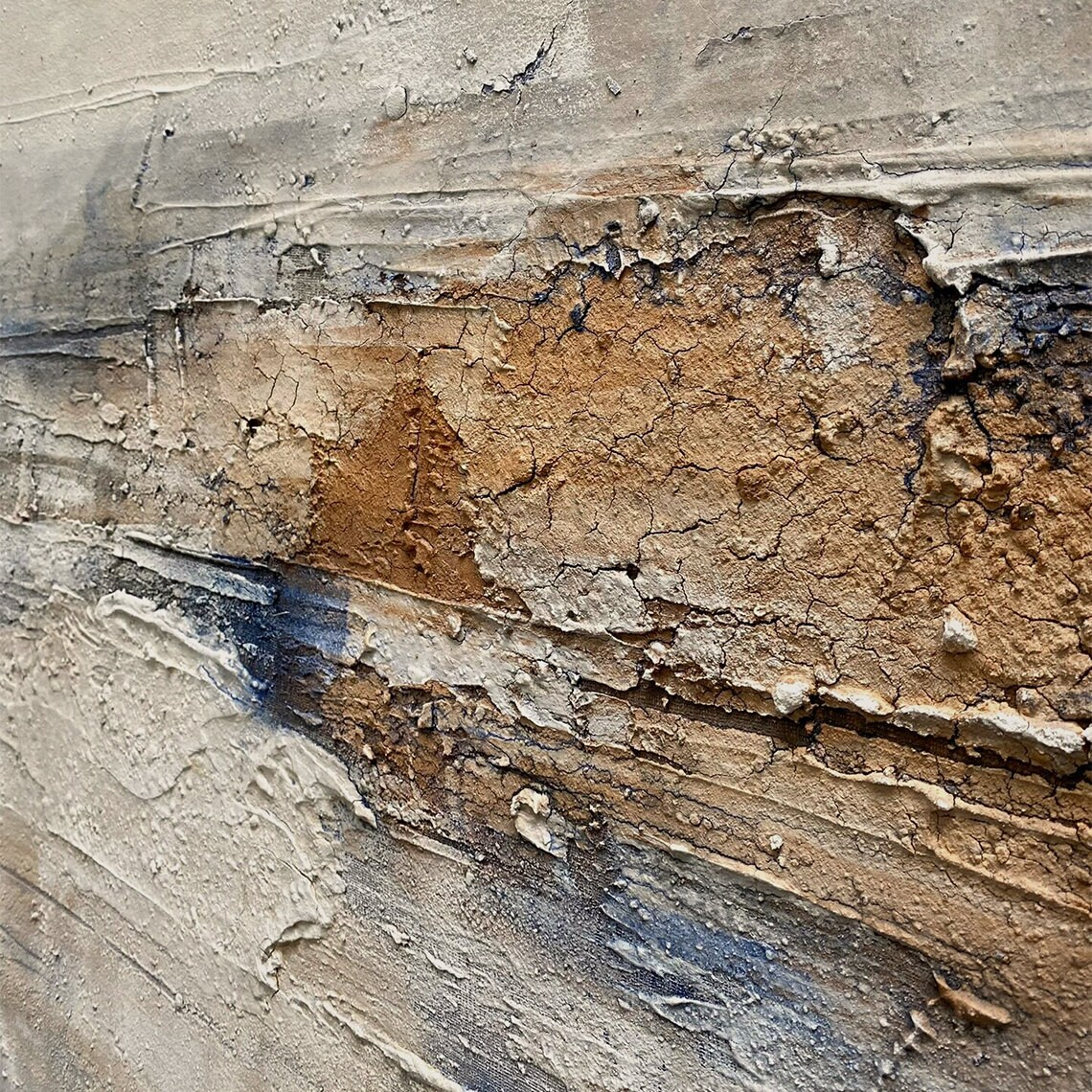 General Abstract High-Relief Impasto Artwork AURA206 - Tactile Sculpted Surface with Neutral Tones (Beige, Cream, Terracotta) & Black/Deep Blue Accents. Ideal for Modern Living Room, Minimalist Bedroom, or Luxury Entryway Interior. Wabi-sabi Inspired Thick Layered Strokes for Contemporary Wall Art. SKU: AURA206.