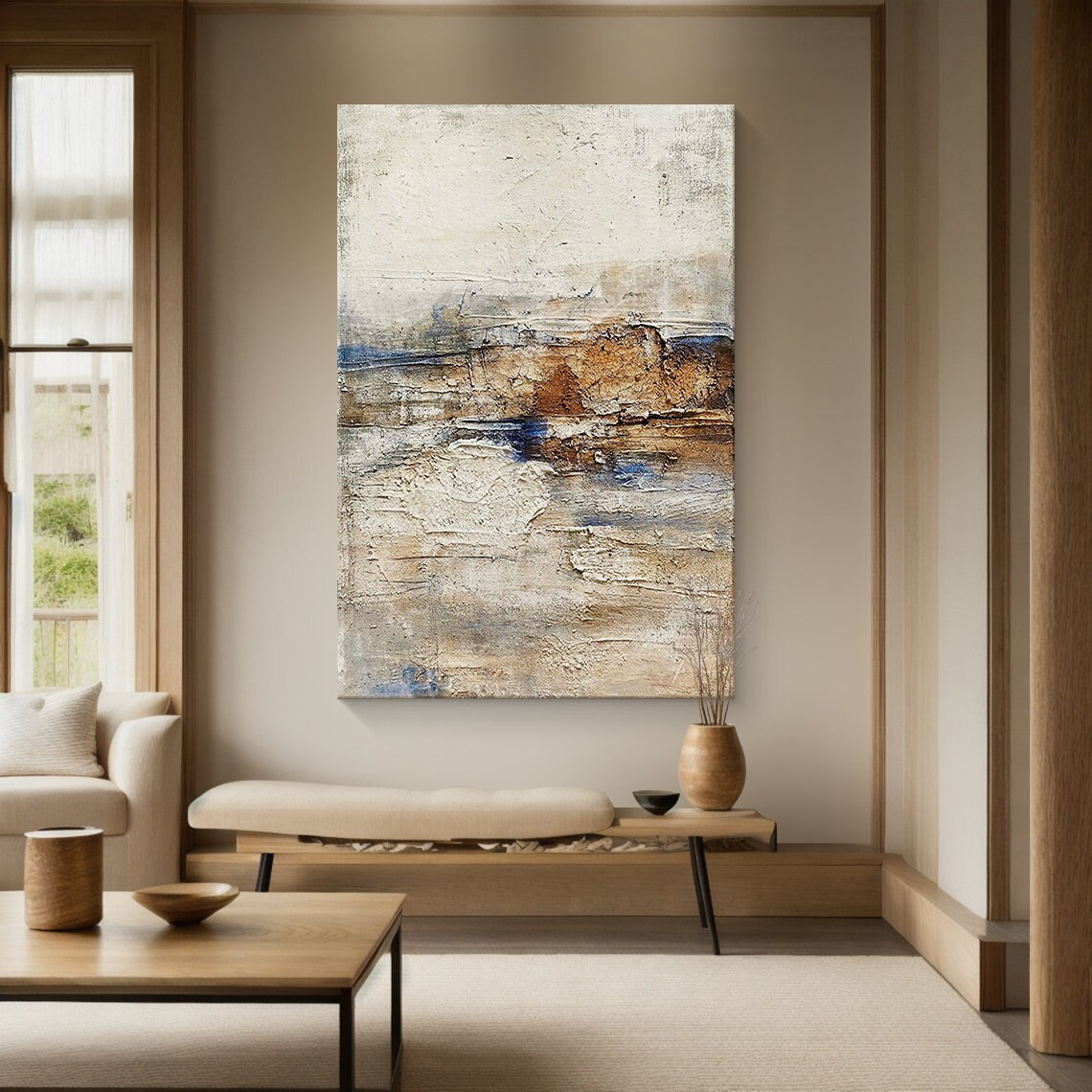 General Abstract High-Relief Impasto Artwork AURA206 - Tactile Sculpted Surface with Neutral Tones (Beige, Cream, Terracotta) & Black/Deep Blue Accents. Ideal for Modern Living Room, Minimalist Bedroom, or Luxury Entryway Interior. Wabi-sabi Inspired Thick Layered Strokes for Contemporary Wall Art. SKU: AURA206.