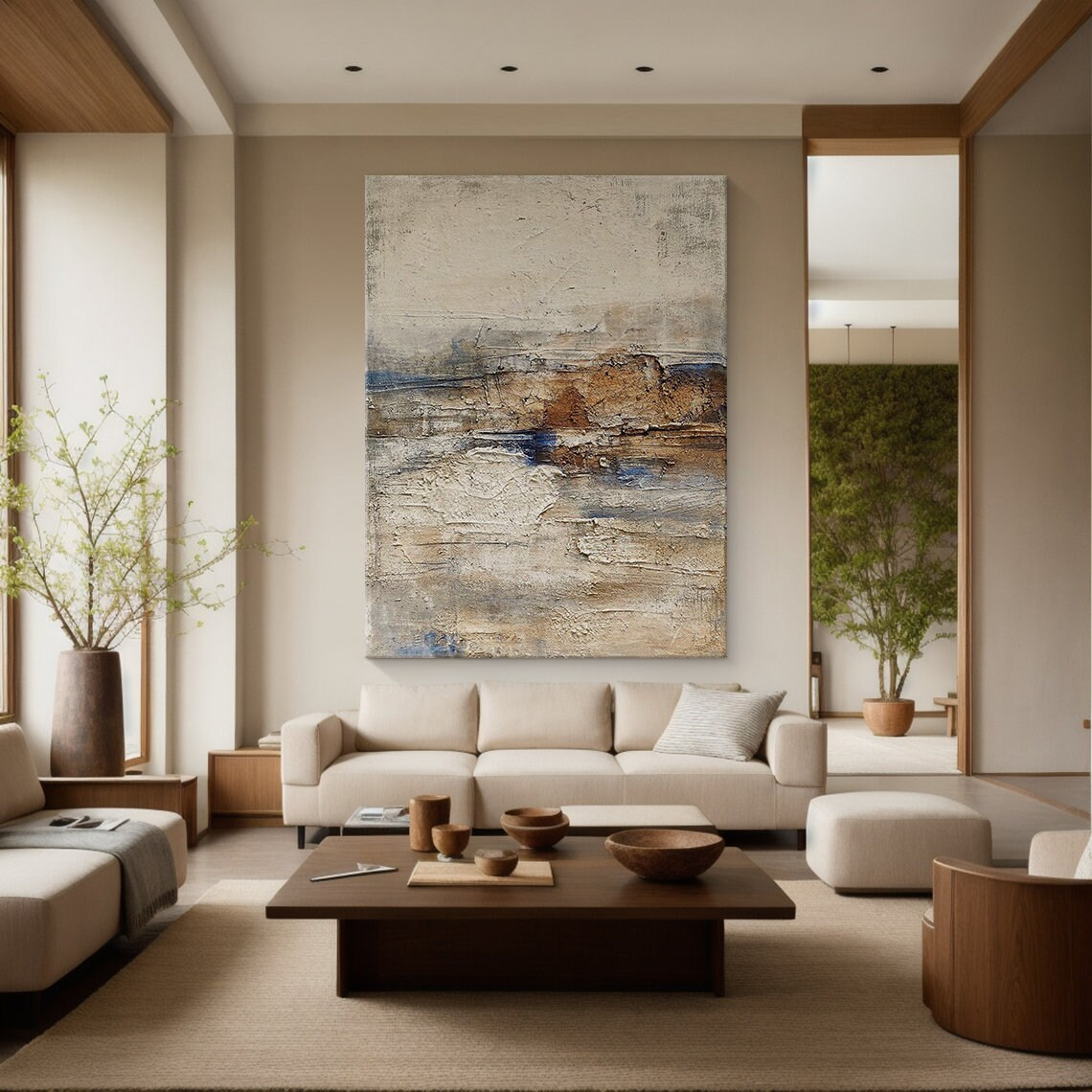 General Abstract High-Relief Impasto Artwork AURA206 - Tactile Sculpted Surface with Neutral Tones (Beige, Cream, Terracotta) & Black/Deep Blue Accents. Ideal for Scandinavian Dining Area, Boho Chic Study, or Industrial Loft Interior. Wabi-sabi Inspired Thick Layered Strokes for Contemporary Wall Art. SKU: AURA206.