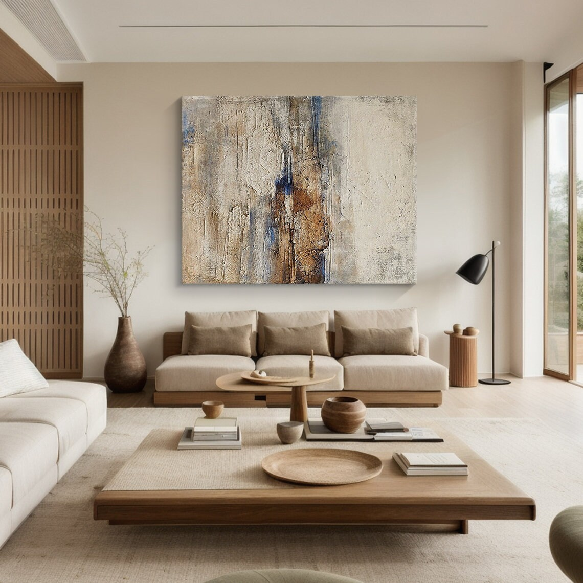 General Abstract High-Relief Impasto Artwork AURA206 - Tactile Sculpted Surface with Neutral Tones (Beige, Cream, Terracotta) & Black/Deep Blue Accents. Ideal for Scandinavian Dining Area, Boho Chic Study, or Industrial Loft Interior. Wabi-sabi Inspired Thick Layered Strokes for Contemporary Wall Art. SKU: AURA206.
