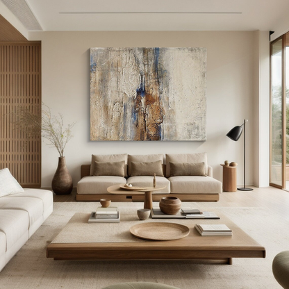 General Abstract High-Relief Impasto Artwork AURA206 - Tactile Sculpted Surface with Neutral Tones (Beige, Cream, Terracotta) & Black/Deep Blue Accents. Ideal for Scandinavian Dining Area, Boho Chic Study, or Industrial Loft Interior. Wabi-sabi Inspired Thick Layered Strokes for Contemporary Wall Art. SKU: AURA206.