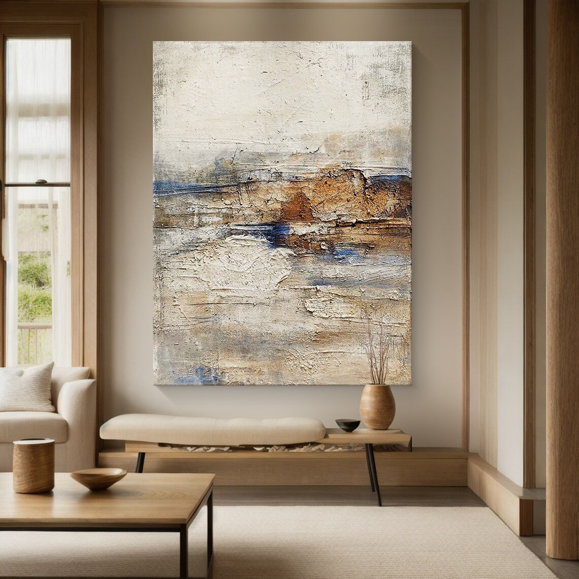General Abstract High-Relief Impasto Artwork AURA206 - Tactile Sculpted Surface with Neutral Tones (Beige, Cream, Terracotta) & Black/Deep Blue Accents. Ideal for Japandi Living Room, Minimalist Bedroom, or Modern Organic Home Decor. Wabi-sabi Inspired Thick Layered Strokes for Contemporary Wall Art. SKU: AURA206.
