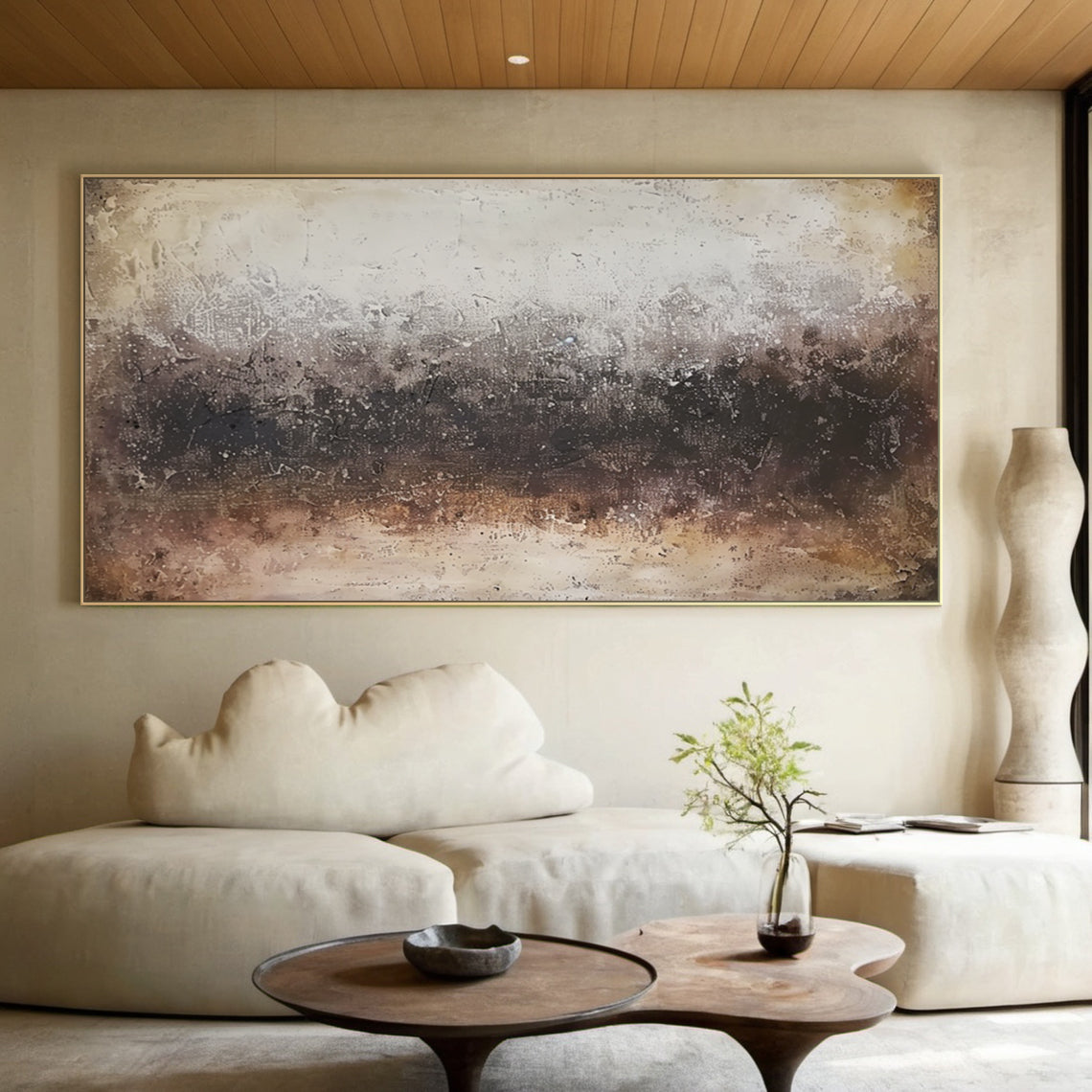 Abstract canvas art AURA194: Warm brown gradient (light to dark), dull reddish-brown, off-white & light gray neutrals. Tactile thick impasto, scratch, blending techniques create rough,surface. Soft ambient light accentuates the layered texture, with organic color flows that evoke earthy natural vibes. Japandi modern organic wall art ideal for minimalist living rooms, complementing wooden side tables & linen cushions to enhance warm tranquility and artistic charm.