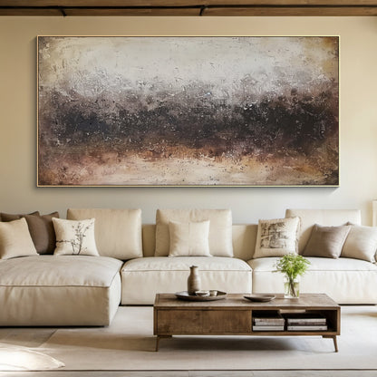 Abstract canvas art AURA194: Warm brown gradient (light to dark), dull reddish-brown, off-white & light gray neutrals. Tactile thick impasto, scratch, blending techniques create rough,斑驳 surface. Blurred horizontal zones evoke misty horizon or foggy landscape. Japandi modern organic wall art ideal for neutral living rooms, complementing beige sofas & wooden coffee tables to enhance coziness and artistic ambiance.