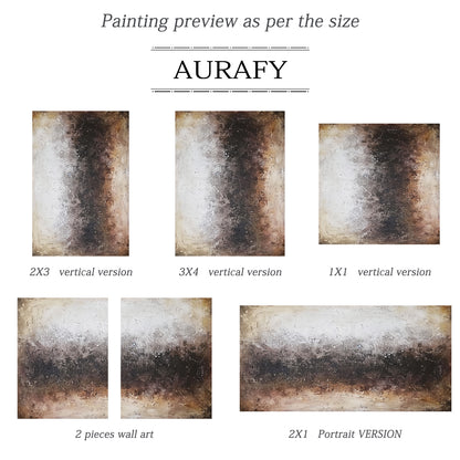 Abstract canvas art AURA194: Warm brown gradient (light to dark), dull reddish-brown, off-white & light gray neutrals. Tactile thick impasto, scratch, blending techniques create rough,斑驳 surface. Gentle afternoon sunlight filters through sheer curtains, highlighting the layered texture with organic color flows that evoke earthy natural vibes. Japandi modern organic wall art ideal for minimalist bedrooms, complementing wooden bed frames & linen bed linens to enhance cozy serenity and artistic elegance.