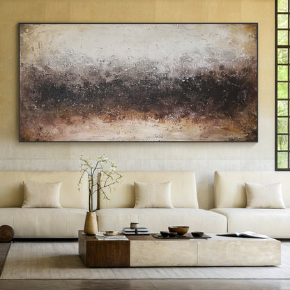 Abstract canvas art AURA194: Warm brown gradient (light to dark), dull reddish-brown, off-white & light gray neutrals. Tactile thick impasto, scratch, blending techniques create rough,斑驳 surface. Gentle afternoon sunlight filters through sheer curtains, highlighting the layered texture with organic color flows that evoke earthy natural vibes. Japandi modern organic wall art ideal for minimalist bedrooms, complementing wooden bed frames & linen bed linens to enhance cozy serenity and artistic elegance.