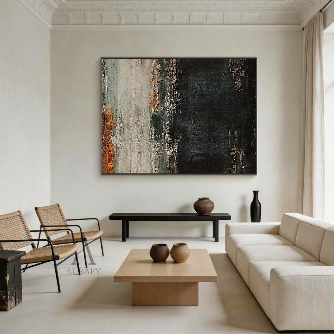 AURA412 General Abstract Black Beige Canvas Wall Art | Wabi-sabi inspired with 3D impasto texture, cracked peeling layers, deep black base, soft beige hues & subtle warm rust accents. Raw canvas undertones. Perfect for minimalist living room, industrial loft office, or cozy bedroom nook decor.