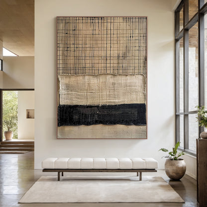 Large General Abstract Canvas Art with Thick Impasto Tactile Texture - Warm Brown, Beige, Dark Brown Hues & Subtle Blue Accents. Showcased in Scandi Minimalist Living Room: Light Oak Floors, White Walls, Neutral Linen Sofa with Cream Cushions, Geometric Beige-Grey Rug. Left: Wooden Side Table + Ceramic Vase with Dried Pampas Grass; Right: Floor Lamp with Natural Fiber Shade + Small Potted Fiddle Leaf Fig. Minimalist Luxe AURA200 Art for Contemporary Living Room, Neutral Interior Decor.