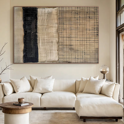Large General Abstract Canvas Art with Thick Impasto Tactile Texture - Warm Brown, Beige, Dark Brown Hues & Subtle Blue Accents. Showcased in Scandi Minimalist Living Room: Light Oak Floors, White Walls, Neutral Linen Sofa with Cream Cushions, Geometric Beige-Grey Rug. Left: Wooden Side Table + Ceramic Vase with Dried Pampas Grass; Right: Floor Lamp with Natural Fiber Shade + Small Potted Fiddle Leaf Fig. Minimalist Luxe AURA200 Art for Contemporary Living Room, Neutral Interior Decor.