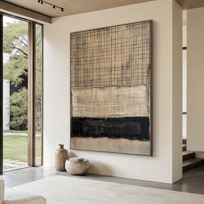 Large General Abstract Canvas Art with Thick Impasto Tactile Texture - Warm Brown, Beige, Dark Brown Hues & Subtle Blue Accents. Showcased in Scandi Minimalist Living Room: Light Oak Floors, White Walls, Neutral Linen Sofa with Cream Cushions, Geometric Beige-Grey Rug. Left: Wooden Side Table + Ceramic Vase with Dried Pampas Grass; Right: Floor Lamp with Natural Fiber Shade + Small Potted Fiddle Leaf Fig. Minimalist Luxe AURA200 Art for Contemporary Living Room, Neutral Interior Decor.