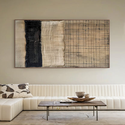Large General Abstract Canvas Art with Thick Impasto Tactile Texture - Warm Brown, Beige, Dark Brown Hues & Subtle Blue Accents. Showcased in Scandi Minimalist Living Room: Light Oak Floors, White Walls, Neutral Linen Sofa with Cream Cushions, Geometric Beige-Grey Rug. Left: Wooden Side Table + Ceramic Vase with Dried Pampas Grass; Right: Floor Lamp with Natural Fiber Shade + Small Potted Fiddle Leaf Fig. Minimalist Luxe AURA200 Art for Contemporary Living Room, Neutral Interior Decor.