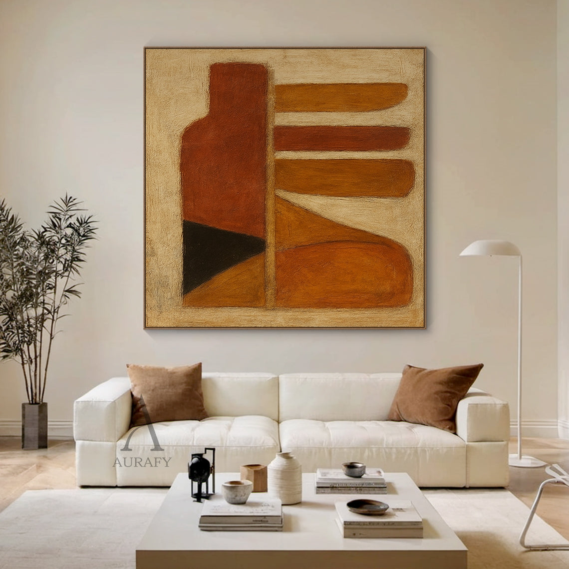 Handcrafted general abstract brown wall art with tactile brushstroke texture, organic geometric composition. Left side features a vertical bottle-shaped silhouette in deep rust red-brown, matched with black and orange-brown triangular blocks at the base. Right side contains rounded horizontal strips in warm amber, rust and brown tones plus curved orange-brown blocks, set against a muted off-white textured background. Warm minimalist wall decor for modern, Japandi home spaces, SKU AURA640.