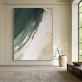 General Abstract White Modern Organic Art with Knife Strokes Thick Impasto Fluid Green Layers AURA489