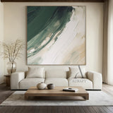 General Abstract White Modern Organic Art with Knife Strokes Thick Impasto Fluid Green Layers AURA489